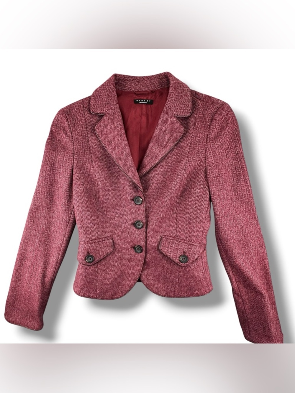 Sisley Virgin Wool Herringbone Fitted Blazer Size 4 (S) Burgundy Pink Tweed